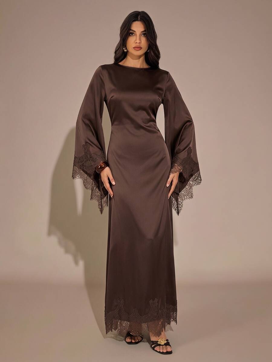 SHEIN Tall Tall-Fit, Modest-Style Brown Satin Dress Featuring Elegant Waist-Cinching Ties And Lace Paneling. - Brown - View 1