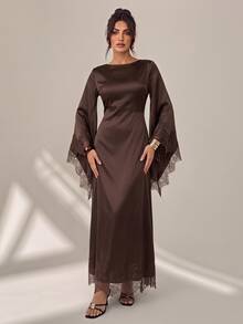 SHEIN Tall Tall-Fit, Modest-Style Brown Satin Dress Featuring Elegant Waist-Cinching Ties And Lace Paneling. - Brown - View 5