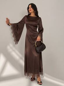 SHEIN Tall Tall-Fit, Modest-Style Brown Satin Dress Featuring Elegant Waist-Cinching Ties And Lace Paneling. - Brown - View 3