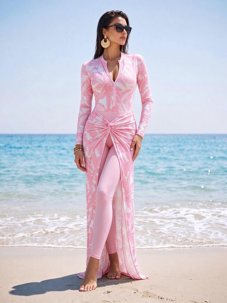 Swim Shayni Printed Fabric Elegant Conservative Vacation Women's Swimsuit Set - Pink - View 3