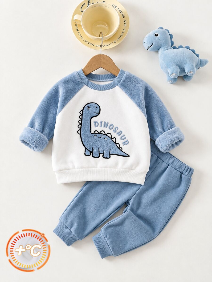 Cozy Pixies Baby Boy Blue & White Contrast Dinosaur Embroidered Pattern Crew Neck Long Sleeve Sweatshirt - Blue and White - View 1
