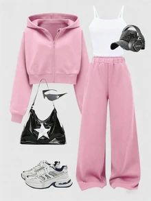 SHEIN 女童休閒可愛運動簡約背心＋短版拉鍊連帽外套＋寬腿褲套裝，適合學校、假期、秋季運動、白色冬季 2026 慢跑，粉色 - 粉色 - 查看 1
