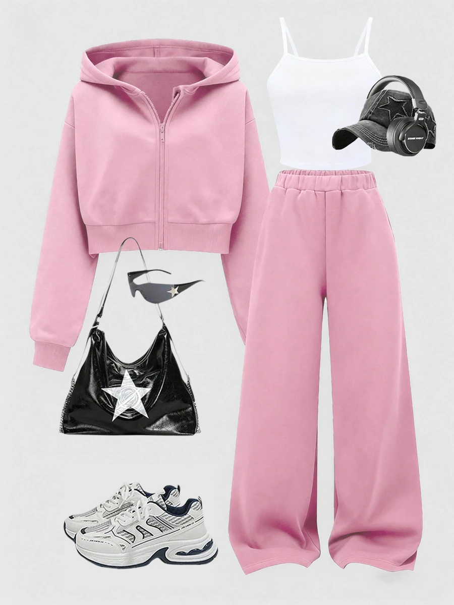 SHEIN 女童休閒可愛運動簡約背心+短版拉鍊連帽外套+寬腿褲套裝,適合學校、假期、秋季運動、白色冬季 2026 慢跑,粉色 - 粉色 - 查看 1