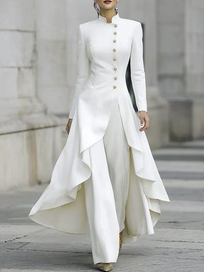 SHEIN Elegant White Two Pieces Formal Set High Neck Gold Buttons Irregular Flowy Hem Long Jacket Wide Leg P