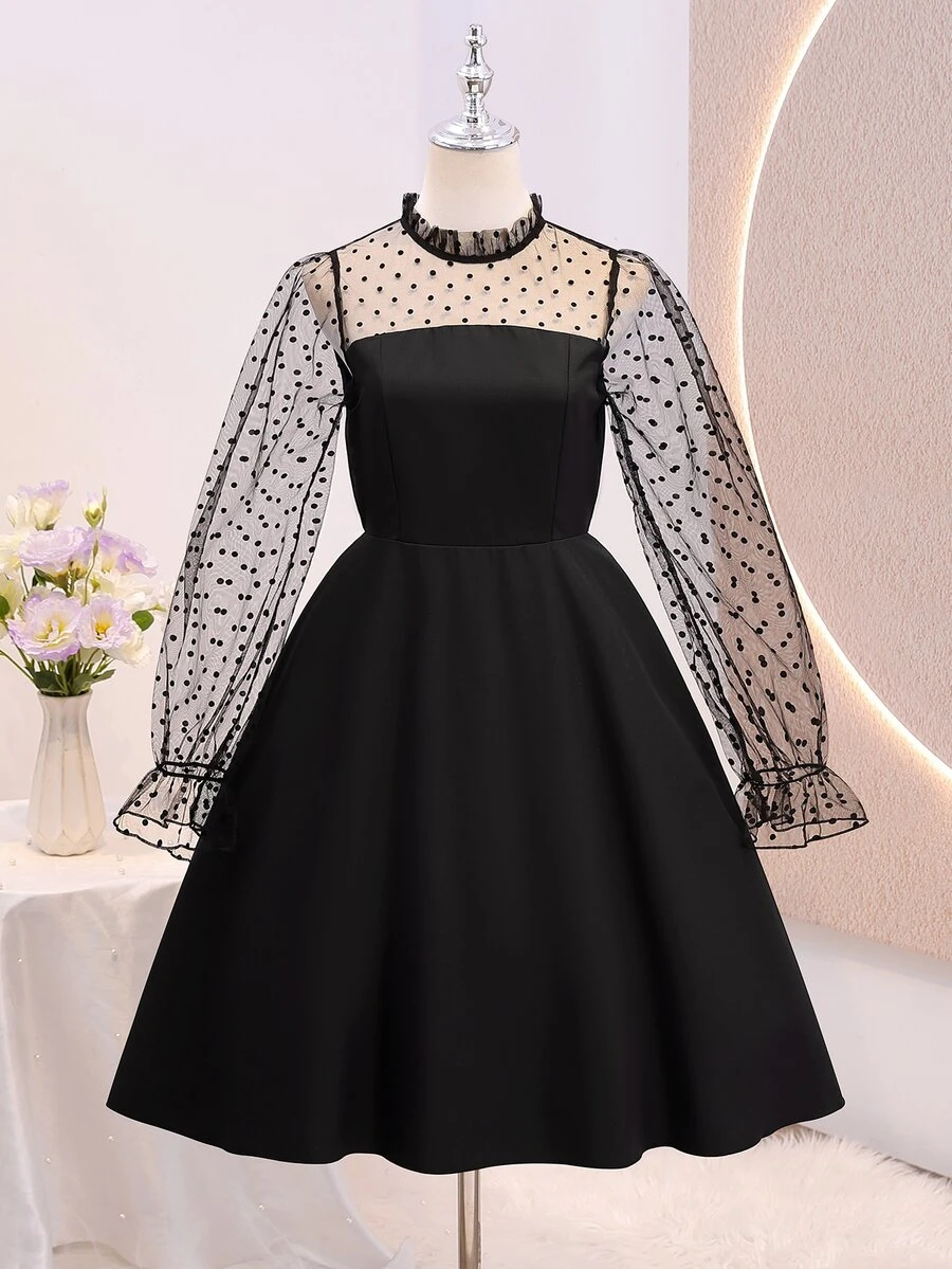 SHEIN Black Polka Dot Mesh Patchwork Short A-Line Dress, Autumn, Sheer Ruffle Bell Sleeves, Back To School / Cocktail Party / Casual Elegant Cute Formal