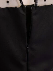 SHEIN 黑色波點網紗拼接短款A字洋裝，秋季，透視荷葉邊喇叭袖，返校季/雞尾酒會/休閒優雅可愛正式 - 黑色 - 查看 8