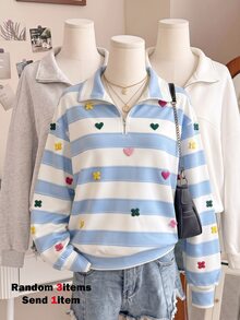 SHEIN Teen Girls Fall Style Blue White Striped Half Zip Sweatshirt, Cute Colorful Heart Clover Embroidery Loose Drop Shoulder Long Sleeve Top, Casual Fall T - Blue - View 4