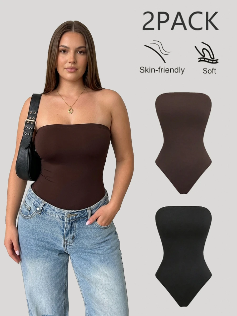 Sweetra CURVE Women's 2 Pieces Bodysuit Set, Solid Color Sleeveless Fitted Basic Bodysuit, Layering, Casual Everyday Top, Plus Size Bodysuit - Multicolor - View 1