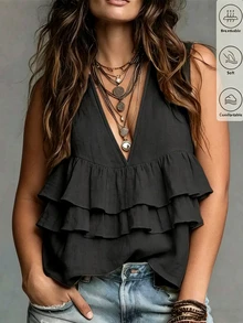 Glimmora Plus Size Women's Ruffle Sleeveless Top - Black - View 3