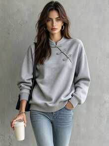 Penseblé 2026 Fall New Chinese Style Frog Button Stand Collar Women's Sweatshirt Drop Shoulder Asymmetrical Placket Loose Casual Pullover Top Home Light Grey - Grey - View 3