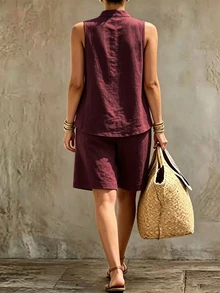 Glimmora Plus Size Women's Solid Color Top And Shorts Casual Daily 2-Piece Set - Burgundy - View 2