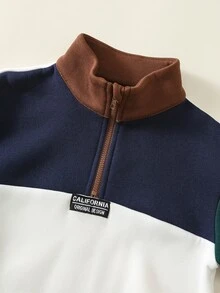 SHEIN 幼童男孩秋冬保暖內裡加厚休閒時尚拼色拼接立領開襟運動衫套裝，幼兒冬季服飾，運動套裝，萬聖節 - 墨綠色 - 查看 3