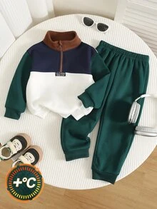 SHEIN 幼童男孩秋冬保暖內裡加厚休閒時尚拼色拼接立領開襟運動衫套裝，幼兒冬季服飾，運動套裝，萬聖節 - 墨綠色 - 查看 5