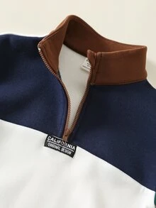 SHEIN 幼童男孩秋冬保暖內裡加厚休閒時尚拼色拼接立領開襟運動衫套裝，幼兒冬季服飾，運動套裝，萬聖節 - 墨綠色 - 查看 4