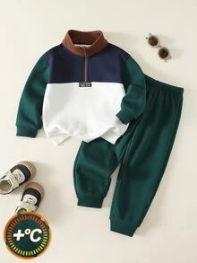 SHEIN 幼童男孩秋冬保暖內裡加厚休閒時尚拼色拼接立領開襟運動衫套裝，幼兒冬季服飾，運動套裝，萬聖節 - 墨綠色 - 查看 1