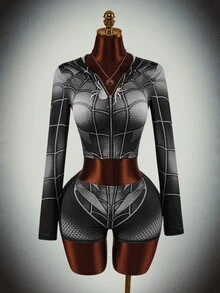 SHEIN ICON Contrast Color Clown Halloween Black And White Checkered Grey Zipper Women's Mini Tight Two Pieces Set Rave Club Party Autumn Disco Sexy - Red - View 11