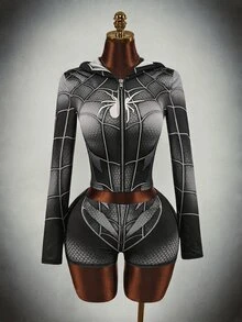 SHEIN ICON Contrast Color Clown Halloween Black And White Checkered Grey Zipper Women's Mini Tight Two Pieces Set Rave Club Party Autumn Disco Sexy - Red - View 13