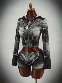 SHEIN ICON Contrast Color Clown Halloween Black And White Checkered Grey Zipper Women's Mini Tight Two Pieces Set Rave Club Party Autumn Disco Sexy - Red - View 6