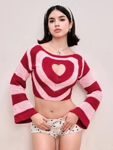 Sweetness Autumn/Winter Sweet Kawaii Heart-Shaped Hollow Crochet Pullover Short Sweater For Women - Multicolor - View 6