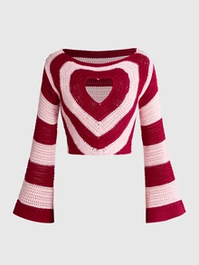 Sweetness Autumn/Winter Sweet Kawaii Heart-Shaped Hollow Crochet Pullover Short Sweater For Women - Multicolor - View 9