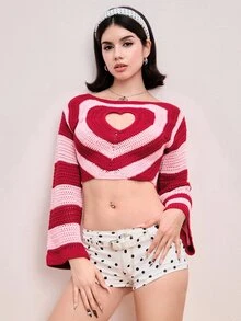 Sweetness Autumn/Winter Sweet Kawaii Heart-Shaped Hollow Crochet Pullover Short Sweater For Women - Multicolor - View 5