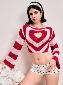 Sweetness Autumn/Winter Sweet Kawaii Heart-Shaped Hollow Crochet Pullover Short Sweater For Women - Multicolor - View 8