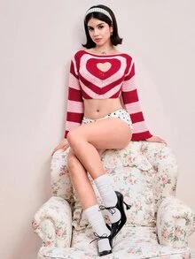 Sweetness Autumn/Winter Sweet Kawaii Heart-Shaped Hollow Crochet Pullover Short Sweater For Women - Multicolor - View 1