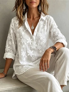 SHEIN 女款白色花卉刺繡半透面料 Polo 領 3/4 袖襯衫，適合日常通勤、日常優雅、日常休閒時尚、休閒度假、商務會議，春秋季節百搭襯衫 - 白色 - 查看 6