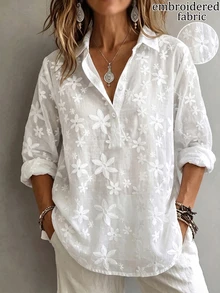 SHEIN 女款白色花卉刺繡半透面料 Polo 領 3/4 袖襯衫，適合日常通勤、日常優雅、日常休閒時尚、休閒度假、商務會議，春秋季節百搭襯衫 - 白色 - 查看 5