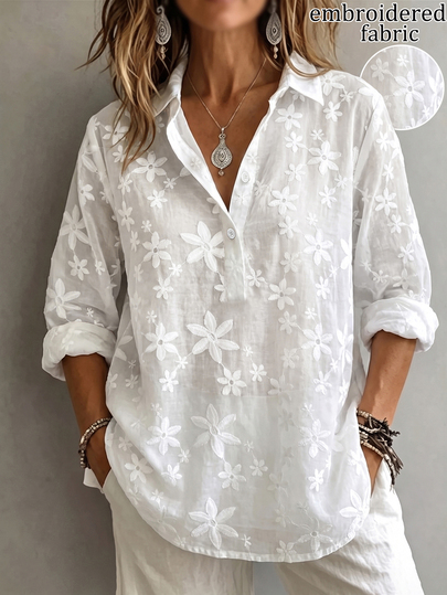 SHEIN Women's White Floral Embroidered Semi-Sheer Fabric Polo Collar 3/4 Sleeve Blouse, Suitable For Daily Commute, Daily Elegant, Daily Casual Fashion, Casual Vacation, Business Meeting, Spring And Autumn Season Versatile Blouse
