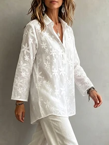 SHEIN 女款白色花卉刺繡半透面料 Polo 領 3/4 袖襯衫，適合日常通勤、日常優雅、日常休閒時尚、休閒度假、商務會議，春秋季節百搭襯衫 - 白色 - 查看 8