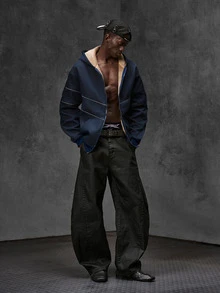 Manfinity RebelGame 男士梭織寬鬆落肩休閒開襟連帽保暖內裡夾克，適合秋季、萬聖節、聖誕節、冬季派對 - 藏蓝色 - 查看 7