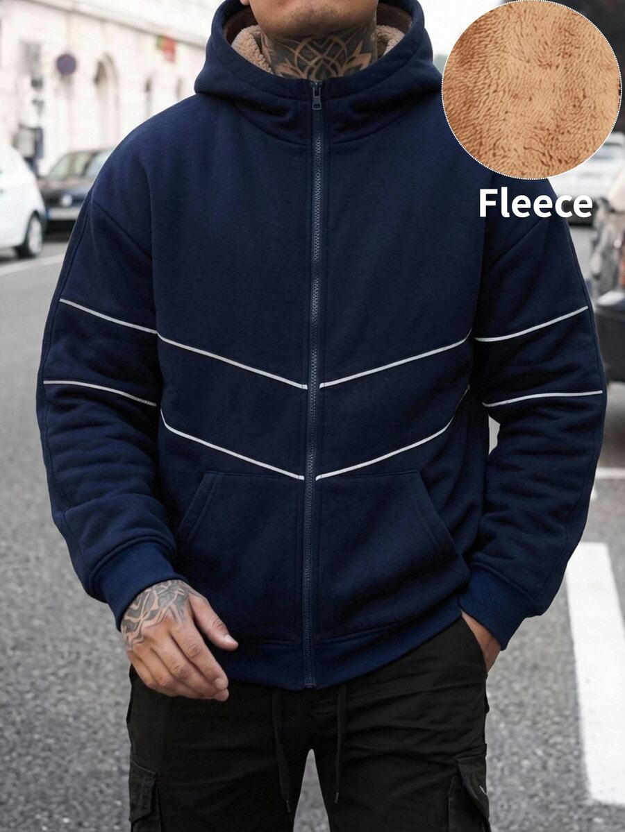 Manfinity RebelGame Men's Woven Loose Drop Shoulder Casual Open Front Hooded Thermal Lined Jacket, Suitable For Autumn Halloween Christmas Winter Party Autumn  - Navy Blue - View 1