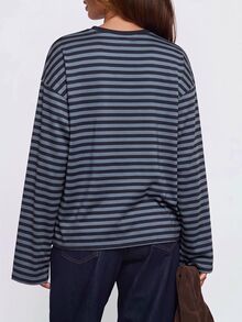 SHEIN Teen Girl T-Shirts Fall Striped Print Fashion Minimalist Girls Round Neck Long Sleeve T-Shirt, Suitable For Back To School Fashion Outfit - Dark Grey - View 2