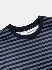 SHEIN Teen Girl T-Shirts Fall Striped Print Fashion Minimalist Girls Round Neck Long Sleeve T-Shirt, Suitable For Back To School Fashion Outfit - Dark Grey - View 3