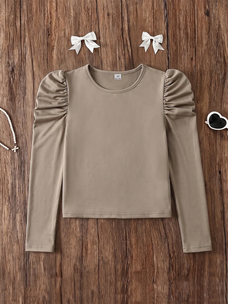 SHEIN ملابس علوية أطفال طويلة الأكمام للفتيات المراهقات، ملابس علوية سوداء بلون موحد ضيقة، أنيقة وجميلة وكاجوال وعصرية للصيف والمدرسة والرسميات، للعودة إلى المدرسة في الخريف - كاكي - مشاهدة 4
