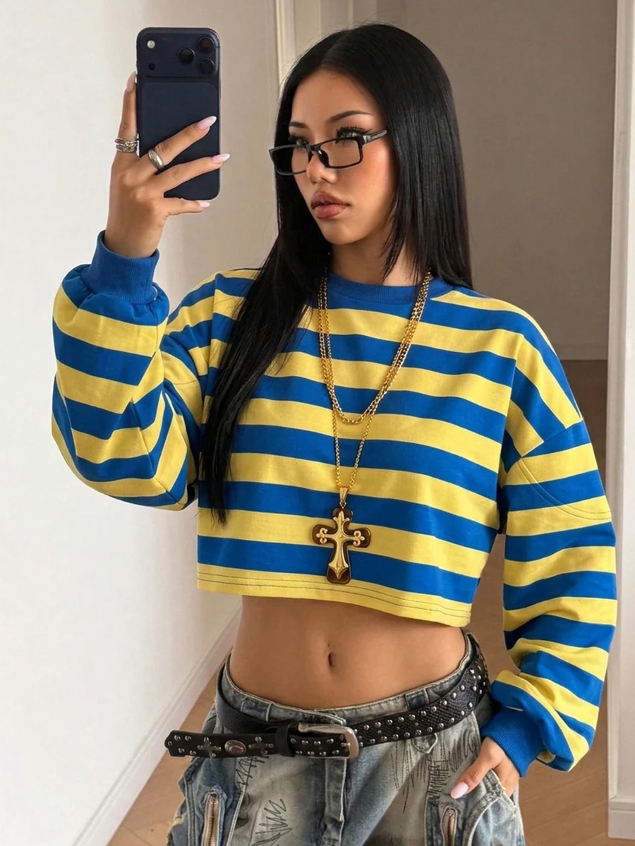 StreetHx Women's Solid Color Crew Neck Loose Boxy Cropped Washed Sweatshirt - Blue - View 1