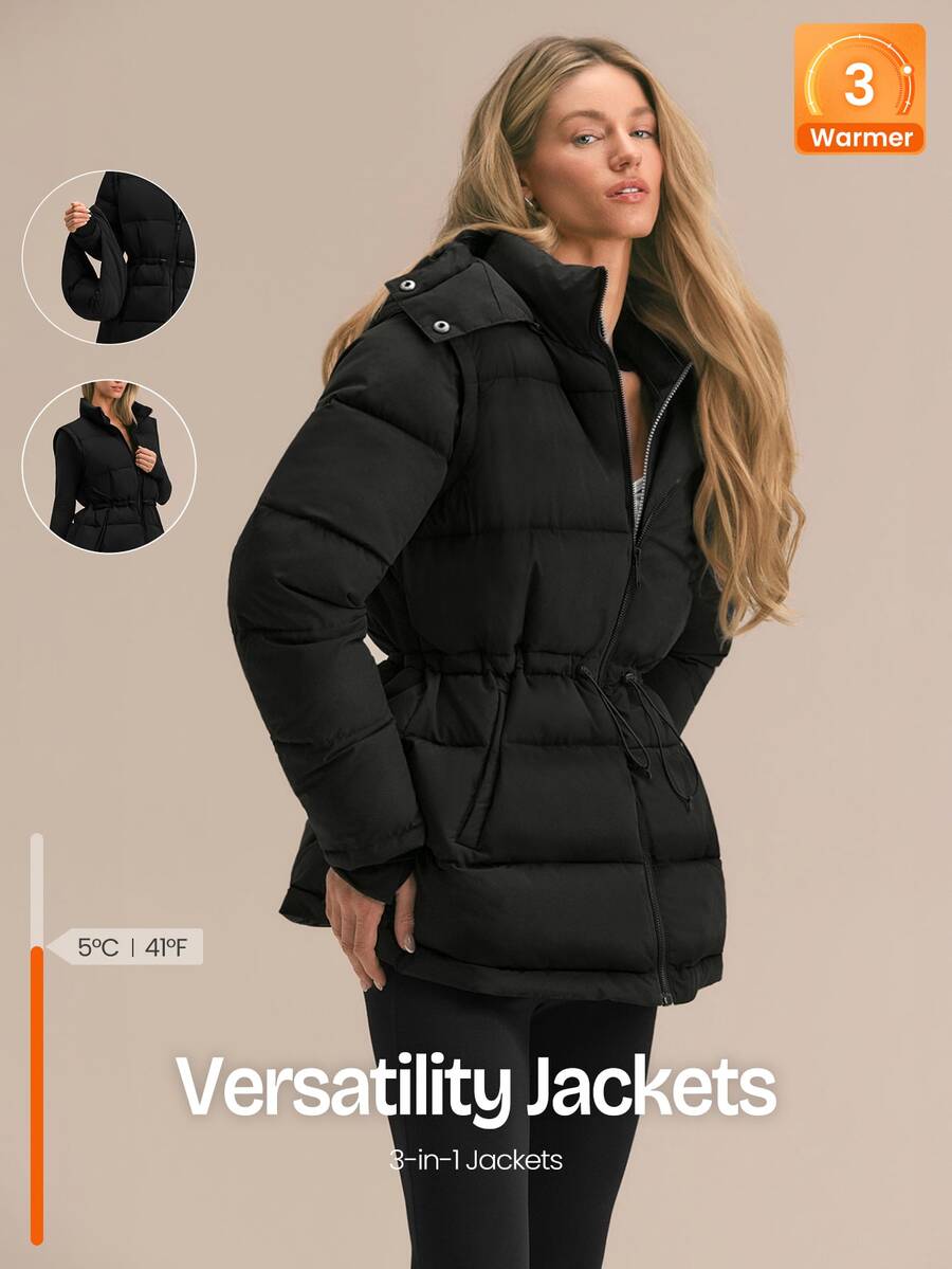 GLOWMODE Snow Day Convertible Puffer Jacket With Detachable Hood & Sleeves, Hood-To-Bag Design & Thumbhole Cuffs Fall Winter Outdoor Wear - Black - View 1