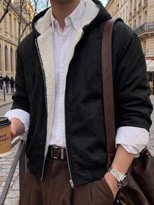 Manfinity RebelGame 男士拉鍊連帽外套，羊羔絨內裡夾克，厚實冬季大衣，保暖抓絨外套，萬聖節主題，舒適連帽夾克 - 黑色 - 查看 6