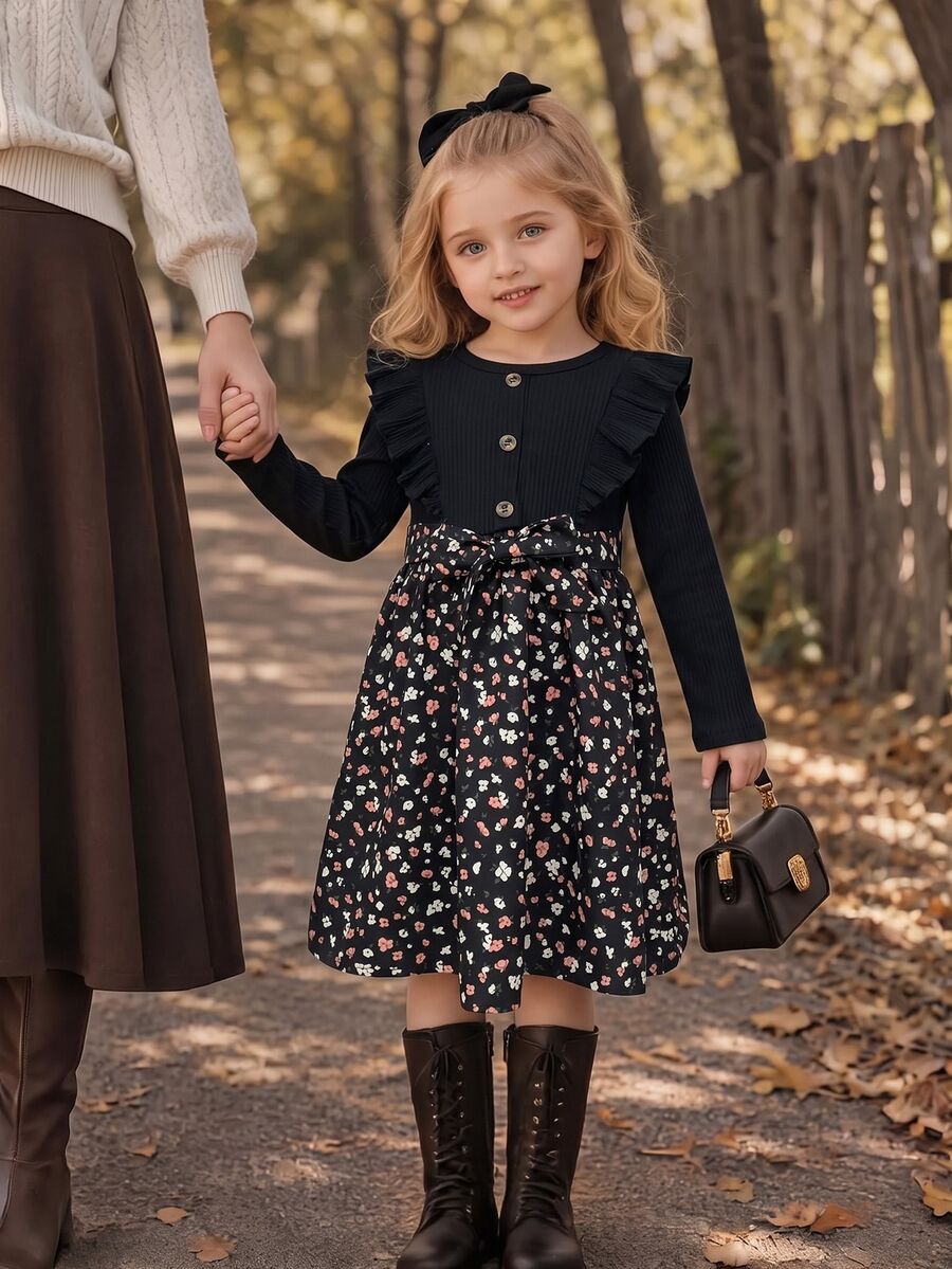 Elladie kids Young Girls New Black Ribbed Crew Neck Long Sleeve Lace Button Decor Waist-Cinching Patchwork Floral Hem A-Line Pullover Dress With Bow Belt, Cute Exquisite Playful Style, Suitable For Daily Wear, Spring/Autumn