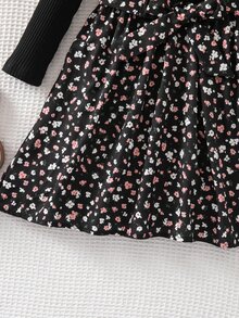 Elladie kids Young Girls New Black Ribbed Crew Neck Long Sleeve Lace Button Decor Waist-Cinching Patchwork Floral Hem A-Line Pullover Dress With Bow Belt, Cute Exquisite Playful Style, Suitable For Daily Wear, Spring/Autumn - Black - View 4