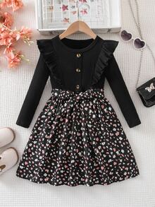 Elladie kids Young Girls New Black Ribbed Crew Neck Long Sleeve Lace Button Decor Waist-Cinching Patchwork Floral Hem A-Line Pullover Dress With Bow Belt, Cute Exquisite Playful Style, Suitable For Daily Wear, Spring/Autumn - Black - View 9