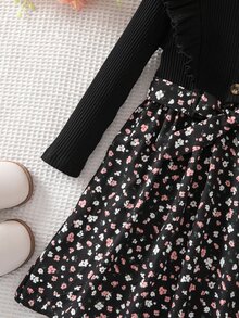 Elladie kids Young Girls New Black Ribbed Crew Neck Long Sleeve Lace Button Decor Waist-Cinching Patchwork Floral Hem A-Line Pullover Dress With Bow Belt, Cute Exquisite Playful Style, Suitable For Daily Wear, Spring/Autumn - Black - View 5