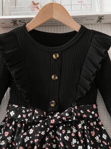 Elladie kids Young Girls New Black Ribbed Crew Neck Long Sleeve Lace Button Decor Waist-Cinching Patchwork Floral Hem A-Line Pullover Dress With Bow Belt, Cute Exquisite Playful Style, Suitable For Daily Wear, Spring/Autumn - Black - View 6