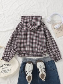 SHEIN Tween Girls Fall Clothes Vintage Black & White Polka Dot Hooded Jacket, Loose, Hooded With Zipper Closure - Black - View 2