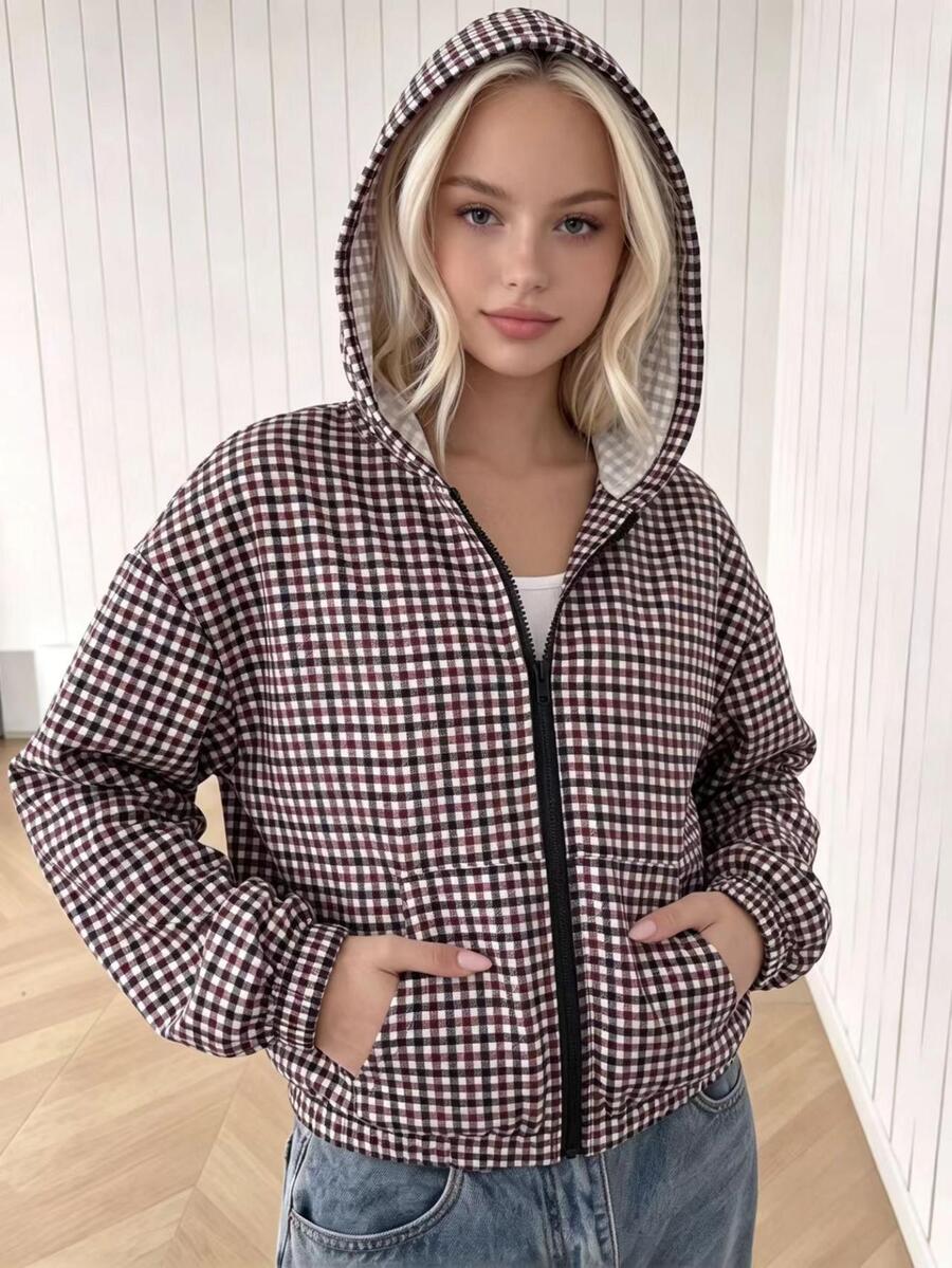 SHEIN Tween Girls Fall Clothes Vintage Black & White Polka Dot Hooded Jacket, Loose, Hooded With Zipper Closure - Black - View 1