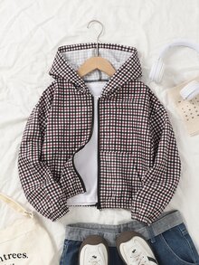 SHEIN Tween Girls Fall Clothes Vintage Black & White Polka Dot Hooded Jacket, Loose, Hooded With Zipper Closure - Black - View 9