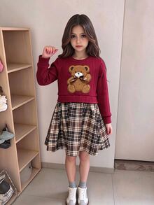 SHEIN Elladie kids 女童對比拼接花卉彼得潘領兩件式洋裝，秋季聖誕感恩節 7 歲生日酒紅色公主風 - 紅色 - 查看 6