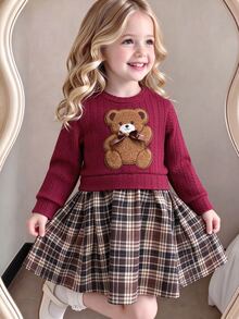 SHEIN Elladie kids 女童對比拼接花卉彼得潘領兩件式洋裝，秋季聖誕感恩節 7 歲生日酒紅色公主風 - 紅色 - 查看 3