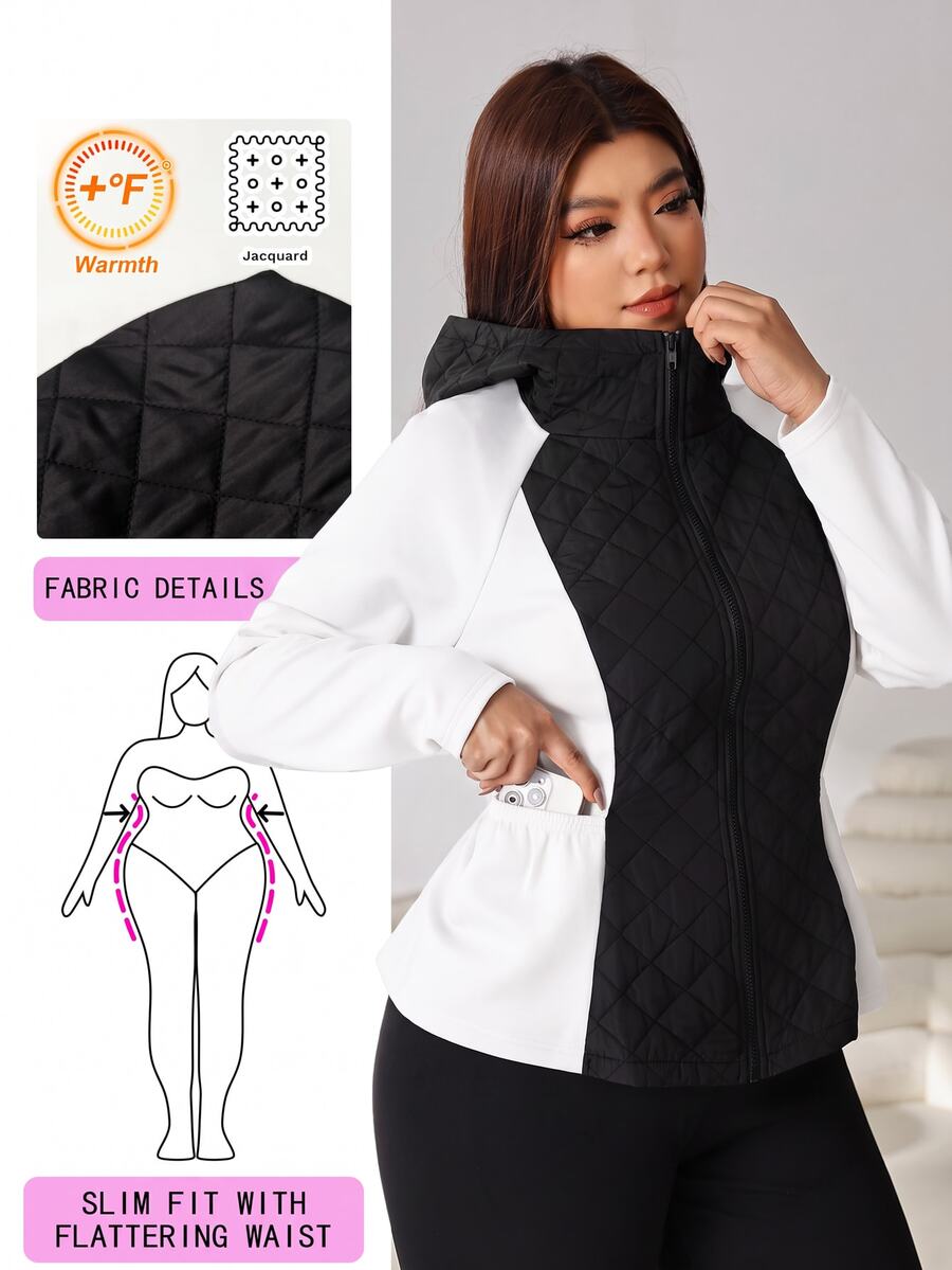 Solflare Black And White Color Block Plus Size Women's Solid Color Raglan Long Sleeve Hooded Casual Winter Jacket Black Hiking - Black and White - View 1